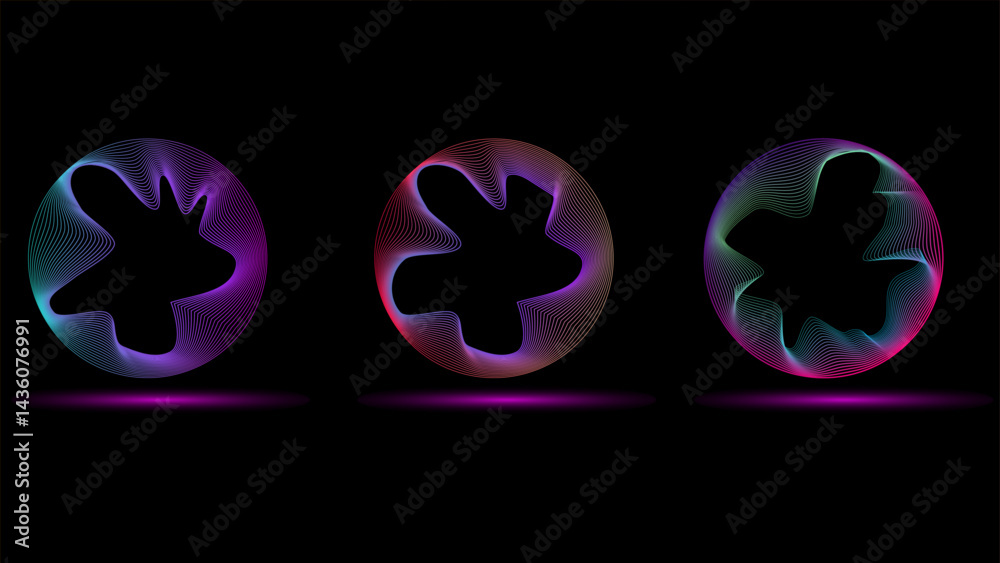 Poster technology concept set of colorful creative circles round curve shape with wavy dynamic lines isolat