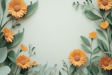 Obraz premium Elegant paper flower and leaf arrangement forming a decorative frame.