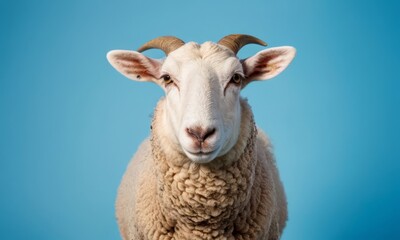 Fototapeta premium Portrait of a White Sheep with Horns Against a Clear Blue Background