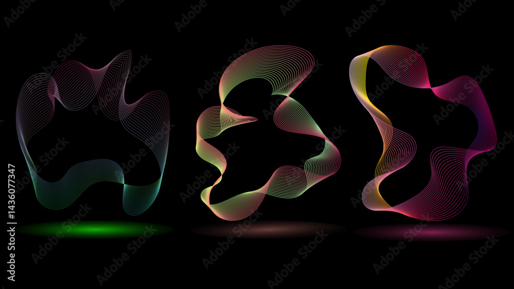 Poster technology concept set of colorful creative circles round curve shape with wavy dynamic lines isolat