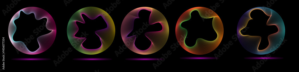 Poster technology concept set of colorful creative circles round curve shape with wavy dynamic lines isolat