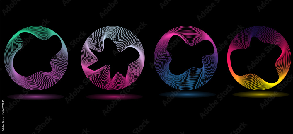 Poster technology concept set of colorful creative circles round curve shape with wavy dynamic lines isolat