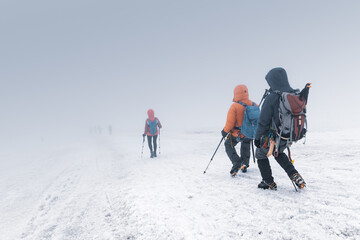 Climbers with backpacks, trekking poles, crampons walk down snow covered mountain slope in dense fog