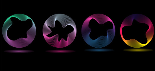 Technology concept set of colorful creative circles round curve shape with wavy dynamic lines isolated on a black background. Round circle line blend with different tone neon color.