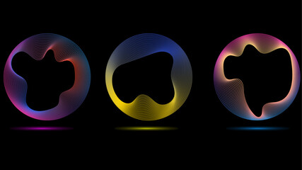 Technology concept set of colorful creative circles round curve shape with wavy dynamic lines isolated on a black background. Round circle line blend with different tone neon color.