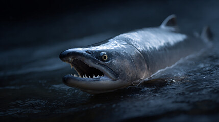 Fototapeta premium Aggressive salmon fish swimming in dark water with open mouth and sharp teeth close up wildlife photography