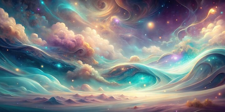 Celestial Dreamscape An ethereal panorama of swirling nebulae, luminous clouds, and gently rolling dunes under a starlit sky.
