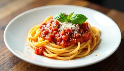Plate of pasta with tomato sauce, parmesan cheese, basil leaf on white , recipe, fettuccine, cooking