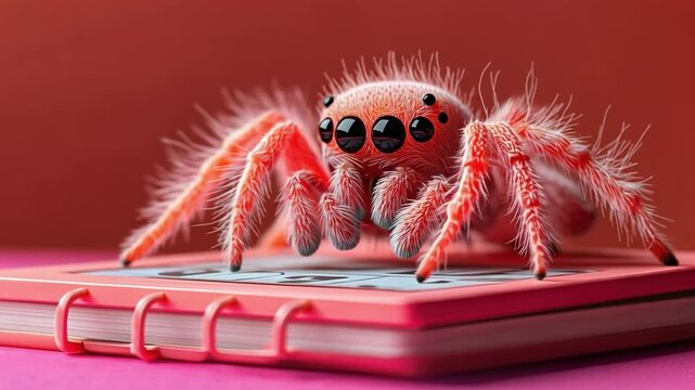 The tiny world: A tiny jumping spider with velvety legs and large eyes perched upon a pink notebook, offering an intimate view of this fascinating creature.