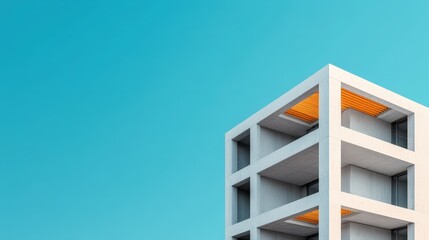 A modern architectural structure with geometric lines, featuring a light color palette against a clear blue sky.