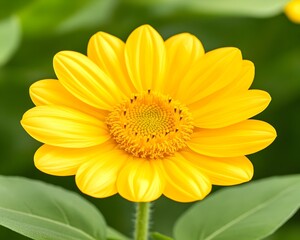 Fototapeta premium Vibrant yellow daisy-like flower with dark yellow center, delicate petals, and green foliage