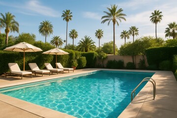 Inviting Poolside Atmosphere with Lush Palm Trees and Sunshine
