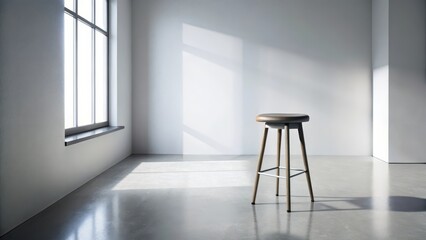 Dark grey stool in a minimalist studio setting with natural light illumination, surrounded by sterile white walls and sleek furniture, office chair, black stool