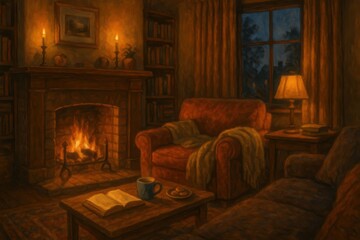 Cozy Evening Living Room with Warm Lighting and Fire Place