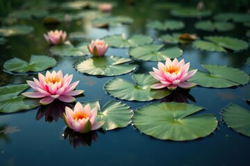 Water lilies forming a natural floral pattern on lake surface , environment, image