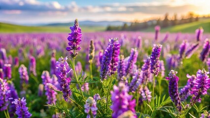 Obraz premium Field of Mongolian milkvetch with purple flowers and green leaves in a sunny meadow, meadow flora, nature