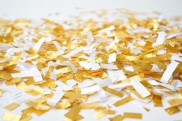 Gold and white confetti scattered on white background (1)