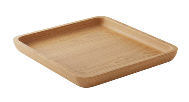 A slightly angled shot of a square wooden tray with rounded edges on a black background surface