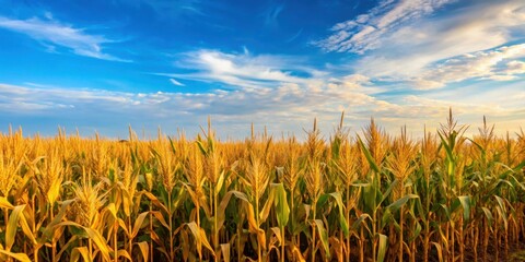 A vast corn field with tall, golden stalks stretching towards the blue sky on a sunny day in late summer , farm