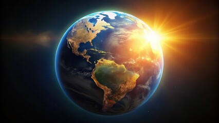 Fototapeta premium Earth planet illuminated by warm sunlight on a dark black background with subtle texture, showcasing its natural beauty and uniqueness in isolation , natural, space
