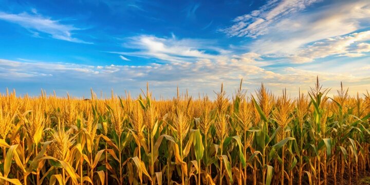 A vast corn field with tall, golden stalks stretching towards the blue sky on a sunny day in late summer , farm