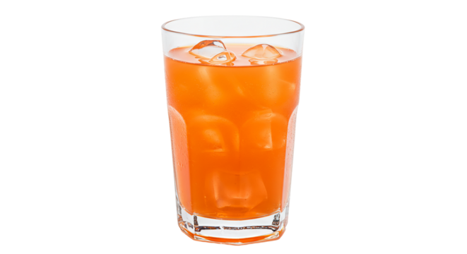 A close up of a glass filled with an orange liquid and ice cubes against a black background plain shot