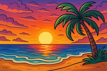 Fototapeta premium Colorful Cartoon Sunset on the Beach with Palm Tree and Ocean Waves