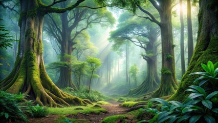 Dense foliage envelops ancient tree trunks amidst a misty forest landscape with towering trees and vibrant greenery, foliage