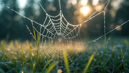 Spiderweb Covered in Dew Drops on Grass at Sunrise