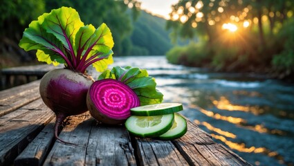 Obraz premium Beetroot and Cucumber on Wooden Pier with River at Sunset