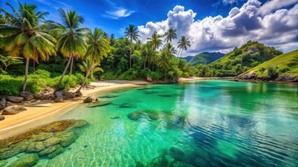 Obraz premium Crystal clear turquoise waters meet golden sandy shores in a secluded cove surrounded by lush green hills and swaying palm trees, seclusion, scenic landscape