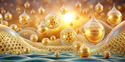 skin cell membrane with water molecules and gold oil drops background, skin health
