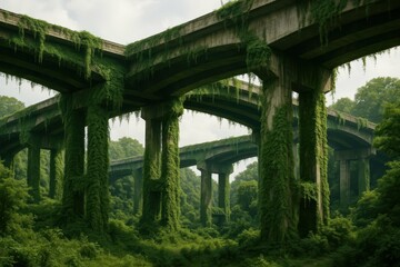Overgrown Brutalist Bridge Surrounded by Lush Greenery and Nature