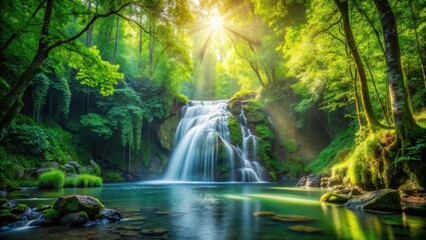 Obraz premium waterfall in lush green forest with sunlight filtering through trees, peaceful, environment, peaceful
