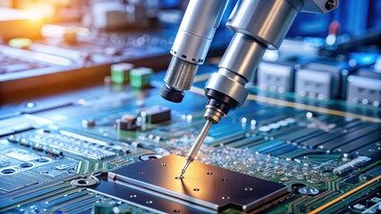 Robotic arm with glue syringe injecting adhesive onto a circuit board PCB electronics assembly process