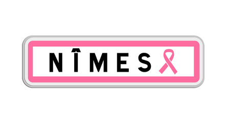 Panneau de sortie de Nîmes, Gard, Occitanie avec Ruban Octobre Rose