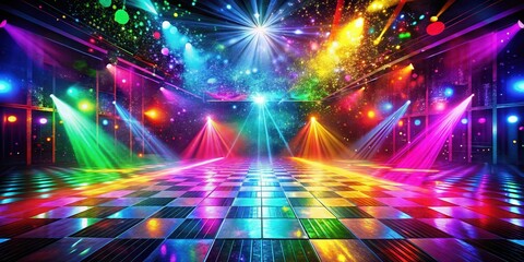 Fototapeta premium Vibrant disco dancefloor with colorful moving splash effects, nightclub ambiance, party atmosphere