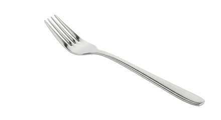 A single silver fork is displayed diagonally against a stark black background in a studio setting