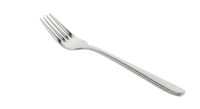A single silver fork is displayed diagonally against a stark black background in a studio setting
