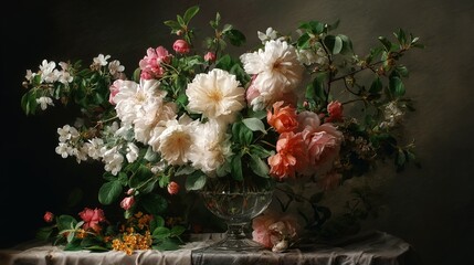 A still life arrangement of colorful blossoms in a glass vase.