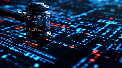 Digital Law and Security Concept with Gavel and Binary Code Background