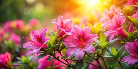 Obraz premium Vibrant pink azalea flowers fully unfurl their petals under radiant sunlight casting a warm glow on the surrounding foliage, garden decor, blooming flowers