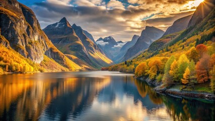 Naklejka premium Vibrant golden light illuminates the changing leaves in the scenic Norwegian fjords against a backdrop of rugged mountains and serene waterways, mountain landscape, landscape photography