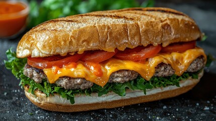 Delicious homemade cheeseburger sandwich with melted cheese fresh vegetables and toasted bun served as fast food or lunch option