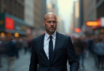 bald man in a suit walking through a busy city street. motion blur around (3)