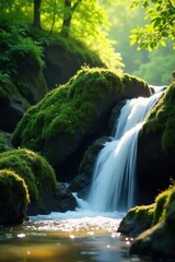 Fototapeta premium Serene Waterfall Cascading Over Moss-Covered Rocks in a Lush Green Forest