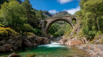 Old stone bridge crossing a mountain stream with clear turquoise water surrounded by lush green forest and mountains on a bright summer day