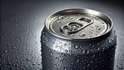 A can of soda with condensation on the surface