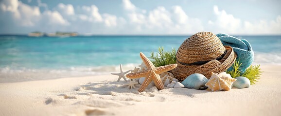 Beach vacation accessories on the sandy shore