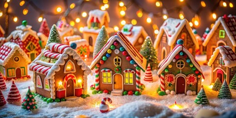 Naklejka premium Colorful Gingerbread village with candy canes and festive lights